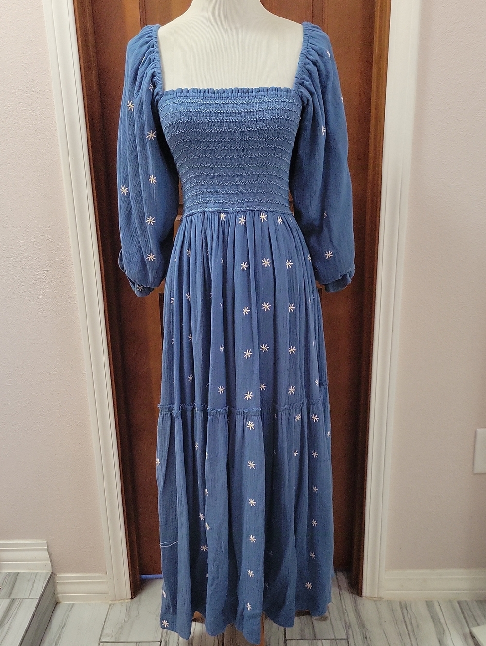 Blue Smocked Maxi Dress with Balloon Sleeves and White Floral Embroidery